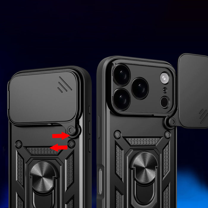 Hybrid Armor Camshield iPhone 17 Pro Case with Stand and Camera Cover - Black