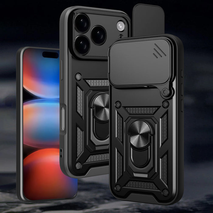 Hybrid Armor Camshield Case for iPhone 17 Pro Max with Stand and Camera Cover - Black
