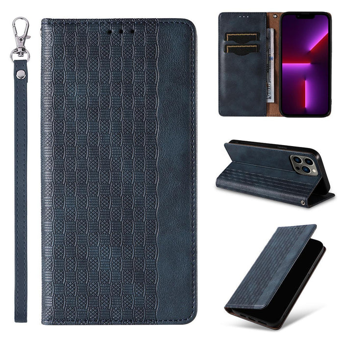 Magnet Strap Case iPhone 14 Pro Flip Wallet Mini Lanyard Stand Blue