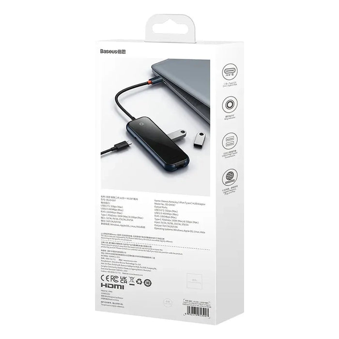 Hub 5in1 Baseus AcmeJoy series USB-C to 2xUSB 3.0 + USB 2.0 + USB-C PD + RJ45 (dark grey) - Hubs<<<IT
