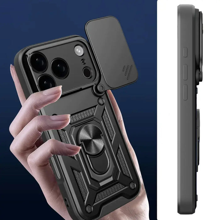 Hybrid Armor Camshield Case for iPhone 17 Pro Max with Stand and Camera Cover - Black - Cell phone cases