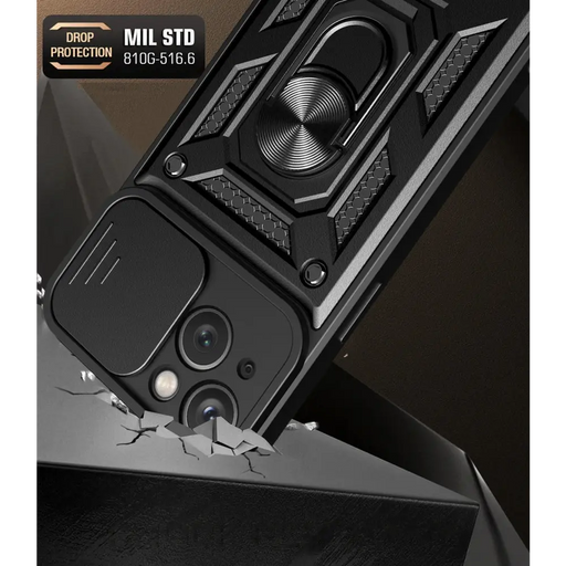 Hybrid Armor Camshield Case with Stand and Camera Cover for iPhone 15 Plus - Black - Cell phone cases