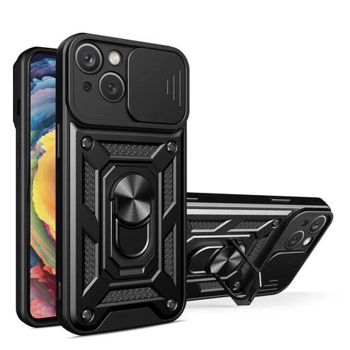 Hybrid Armor Camshield Case with Stand and Camera Cover for iPhone 15 Plus - Black - Cell phone cases