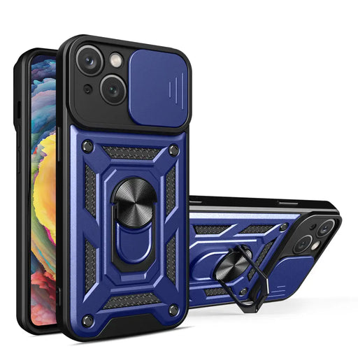 Hybrid Armor Camshield Case with Stand and Camera Cover for iPhone 15 Plus - Blue - Cell phone cases