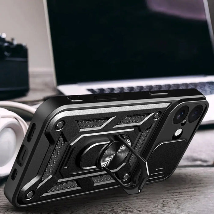 Hybrid Armor Camshield iPhone 17 Case with Stand and Camera Cover - Black - Cell phone cases and covers<<<HurtelXML