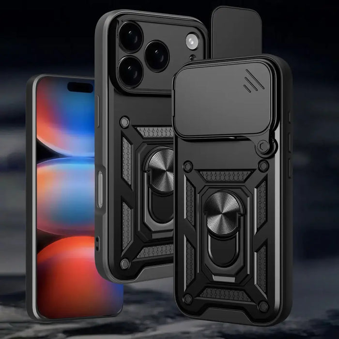 Hybrid Armor Camshield iPhone 17 Pro Case with Stand and Camera Cover - Black - Cell phone cases and covers<<<HurtelXML
