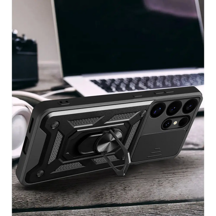 Hybrid Armor Camshield with Camera Cover and Metal Ring for Samsung Galaxy S25 Ultra - Black - Cell phone cases