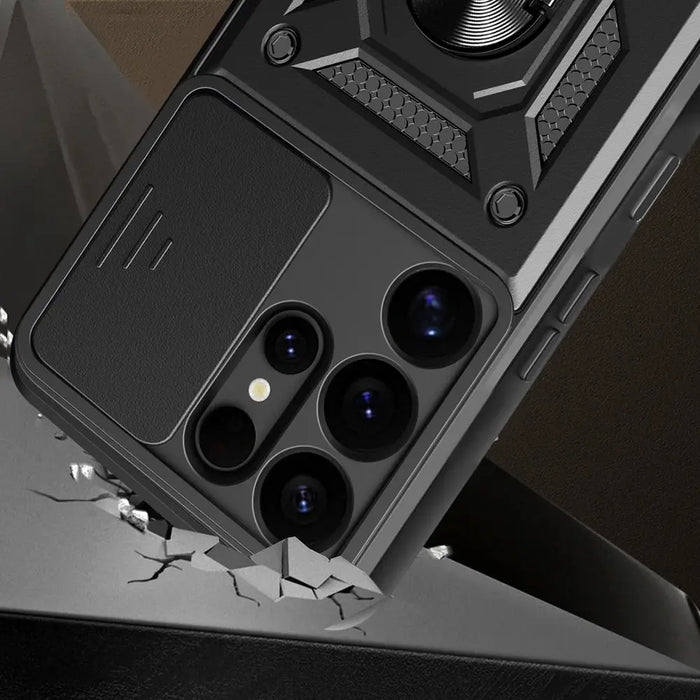 Hybrid Armor Camshield with Camera Cover and Metal Ring for Samsung Galaxy S25 Ultra - Black - Cell phone cases