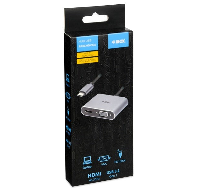 iBox IUHCHDVGA USB Type-C Hub 4-in-1 USB 3.0 + PD 100W + HDMI 4K 30Hz + VGA Full HD