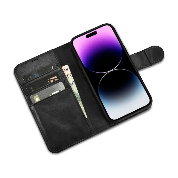 iCarer Oil Wax Wallet Case 2in1 Cover iPhone 14 Pro Leather Flip Cover Anti-RFID black (WMI14220722-BK) - Cell phone
