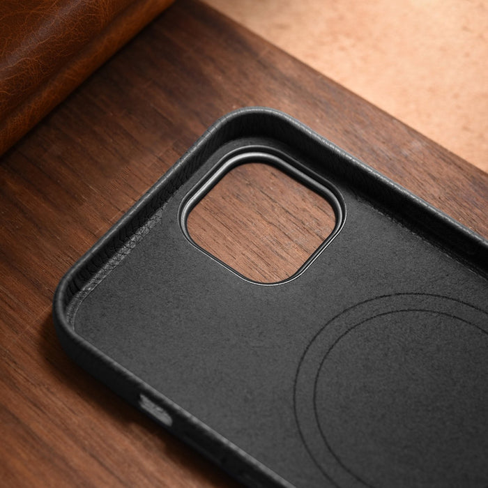 iCarer Litchi Premium Leather Case iPhone 14 Plus Magnetic Leather Case with MagSafe Black (WMI14220711-BK)