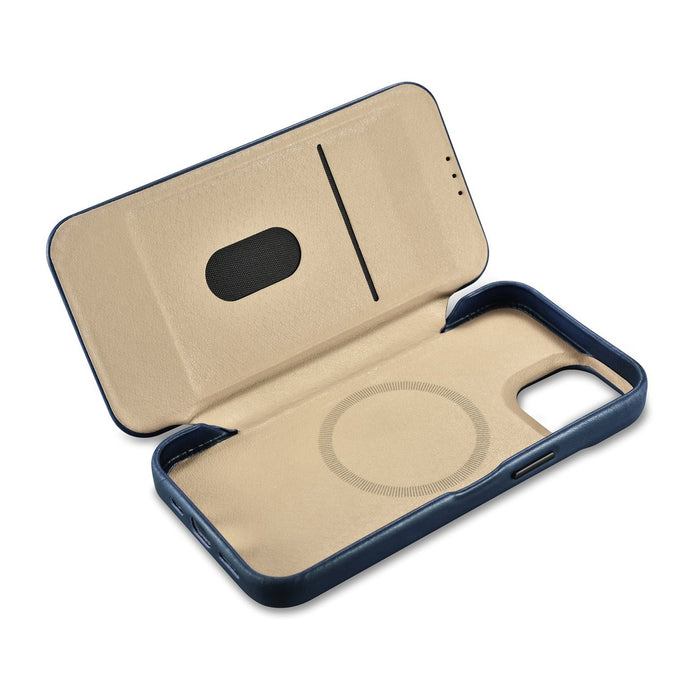 iCarer CE Oil Wax Premium Leather Folio Case iPhone 14 Plus magnetic flip case MagSafe blue (AKI14220707-BU)