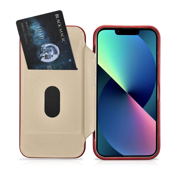 iCarer CE Oil Wax Premium Leather Folio Case iPhone 14 Plus Magnetic Flip Leather Folio Case MagSafe Red (AKI14220707-RD)