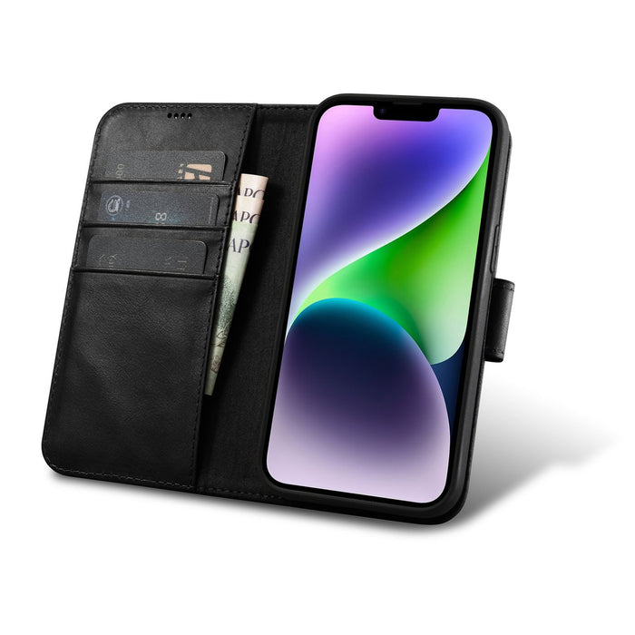 iCarer Oil Wax Wallet Case 2in1 Cover iPhone 14 Plus Anti-RFID Leather Flip Case Black (WMI14220723-BK)