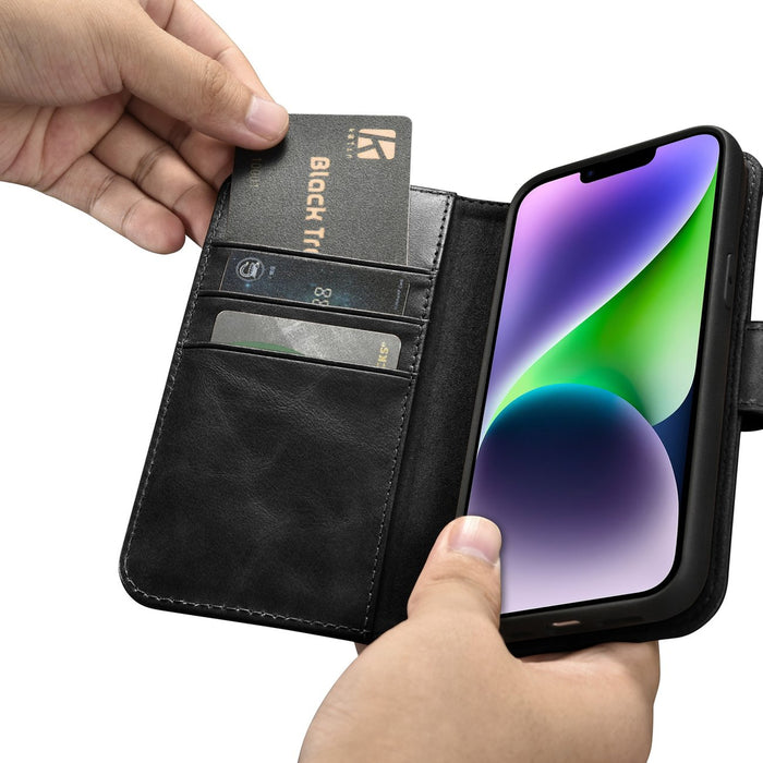 iCarer Oil Wax Wallet Case 2in1 Cover iPhone 14 Plus Anti-RFID Leather Flip Case Black (WMI14220723-BK)