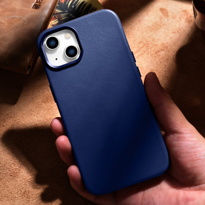 iCarer Case Leather cover for iPhone 14 Plus genuine leather case blue (compatible with MagSafe)