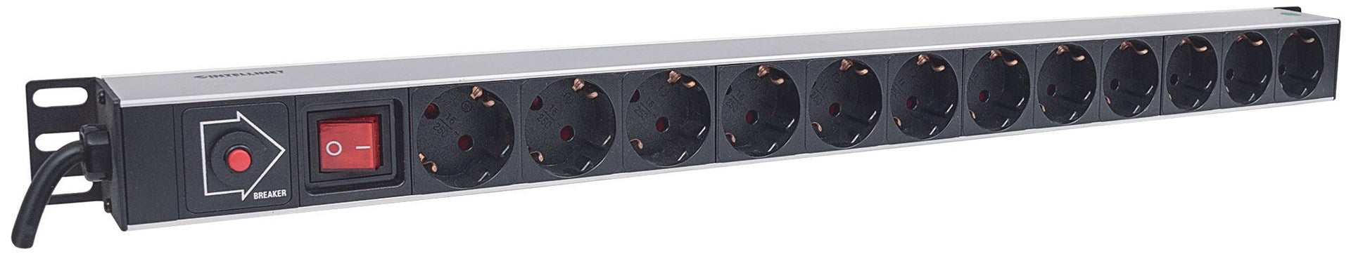 Intellinet Vertical Rackmount 12-Output Power Distribution Unit (PDU), EU CEE 7/3 Outlets, With On/Off Switch and Overload Protection, Built-in 1.8m Power Cord with EU CEE 7/4 Plug