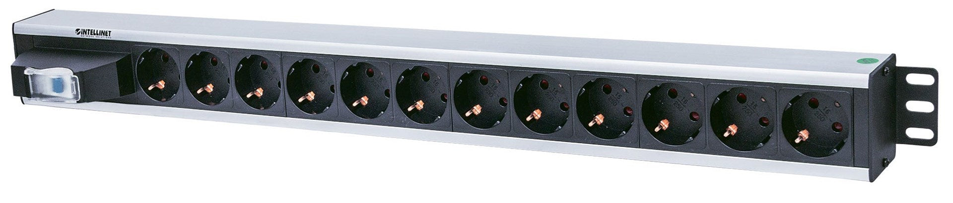 Intellinet Vertical Rackmount 12-Output Power Distribution Unit (PDU), EU CEE 7/3 Outlets, With Single Air Switch, No Surge Protection, Built-in 1.6m Power Cord with EU CEE 7/4 Plug