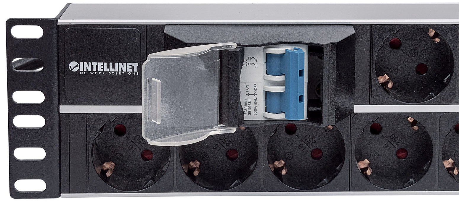 Intellinet 19" 2U Rackmount 15-Output Power Distribution Unit (PDU), EU CEE 7/3 Outlets, With Double Air Switch, Built-in 3 m (10 ft.) Power Cord with EU CEE 7/4 Plug