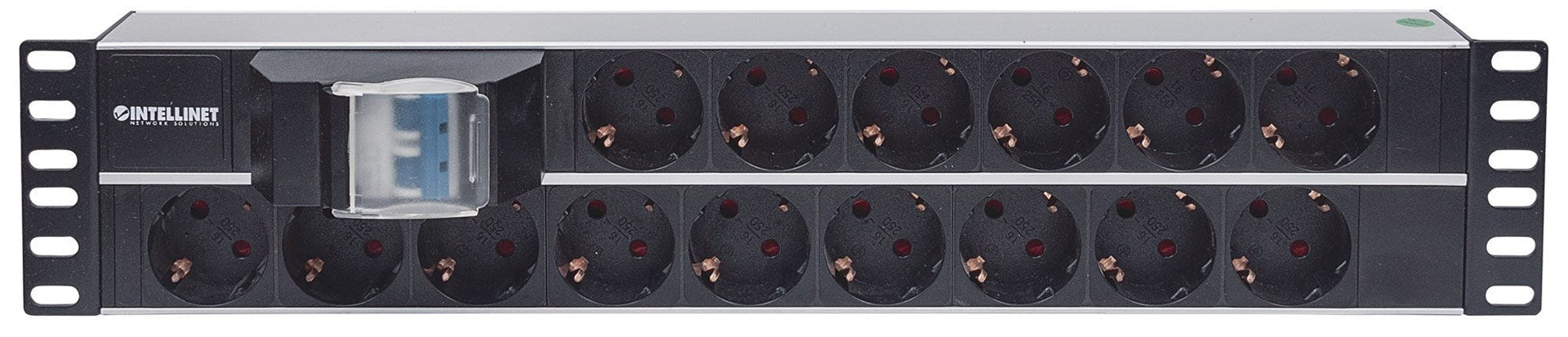 Intellinet 19" 2U Rackmount 15-Output Power Distribution Unit (PDU), EU CEE 7/3 Outlets, With Double Air Switch, Built-in 3 m (10 ft.) Power Cord with EU CEE 7/4 Plug