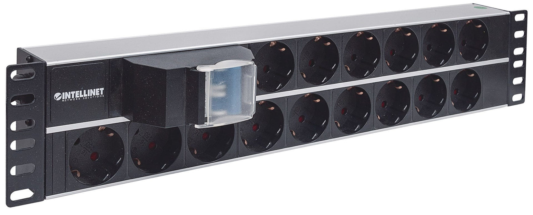 Intellinet 19" 2U Rackmount 15-Output Power Distribution Unit (PDU), EU CEE 7/3 Outlets, With Double Air Switch, Built-in 3 m (10 ft.) Power Cord with EU CEE 7/4 Plug