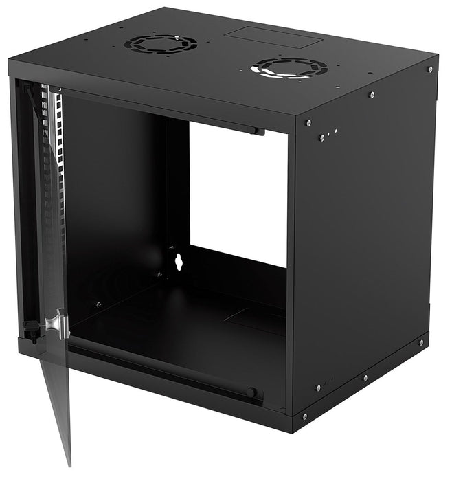Intellinet 19" Network Cabinet - Wall Mount (Basic), 9U, 400mm Deep, Black, Flatpack, Max 50kg, Usable Depth 340mm, Glass Door, Rack, Parts for wall installation (eg screws and rawl plugs) not included