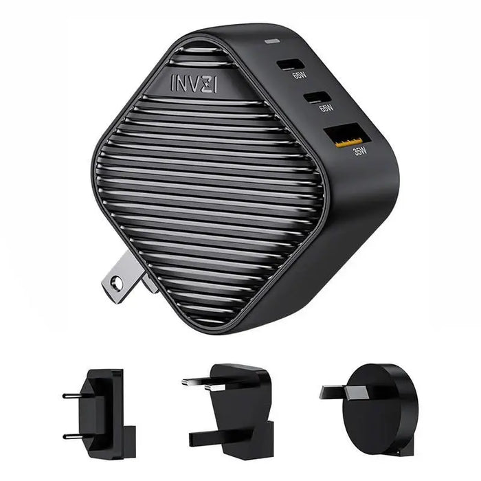 INVZI GanHub 2x USB-C + USB wall charger 65W EU/UK/AU/US (black) - mains chargers<<<Chargers<<<GSM