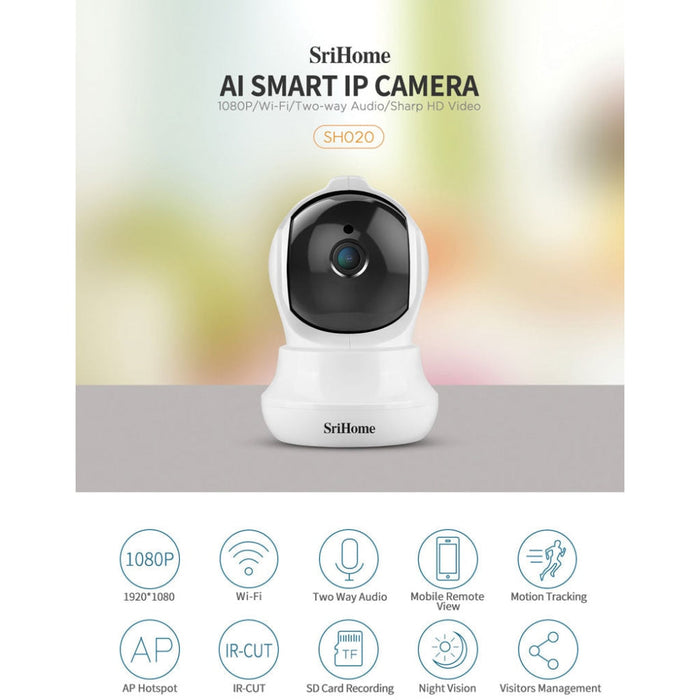 IP camera Sricam SH020 Smart Home Wifi 1080P RJ45, ONVIF, night vision, internal mounting, rotating, follow a subject