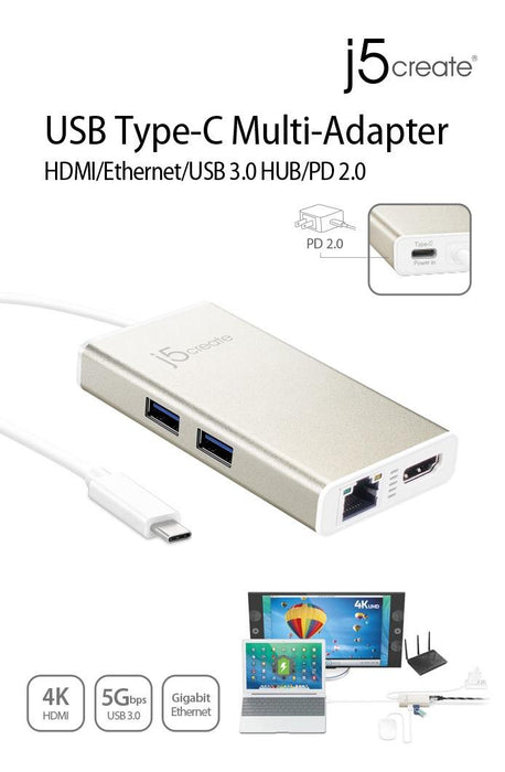 Multiport USB-C adapter j5Create JCA374, HDMI, Ethernet, USB 3.0 hub, PD 2.0