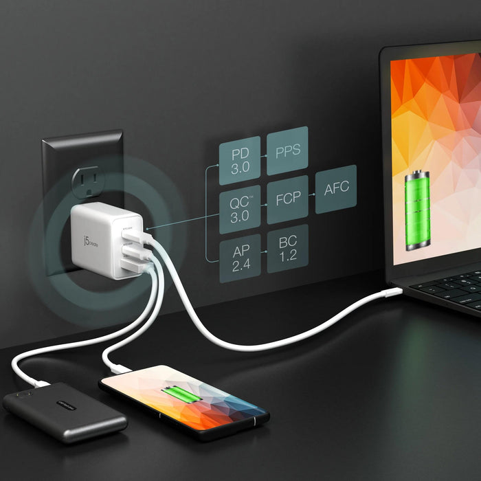 Network charger j5create JUP3365E 65W, 3 ports, USB-C, USB-A