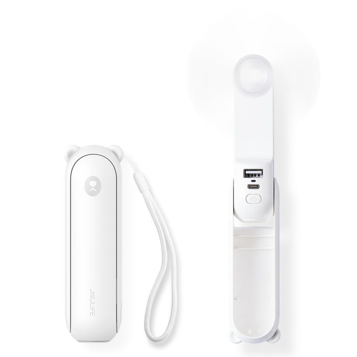 Jisulife Handheld Fan Life8 Mini Portable USB Fan with 2000mAh Power Bank and Flashlight - White