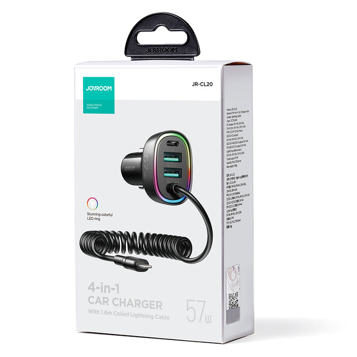 Joyroom fast car charger 4 in 1 PD, QC3.0, AFC, FCP with Lightning cable 1.6m 57W black (JR-CL20)