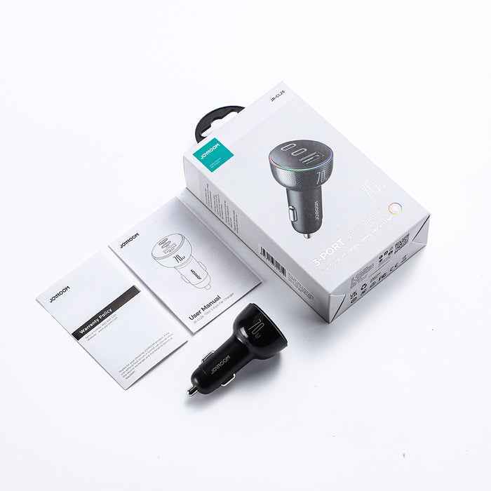 Joyroom car charger 70W with 3 ports: USB, 2 x USB C black (JR-CL26)