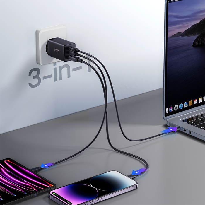 Joyroom fast GaN charger 65W USB-A, 2x USB-C black + USB-C - USB-C cable 100W 1.2m (TCG01)