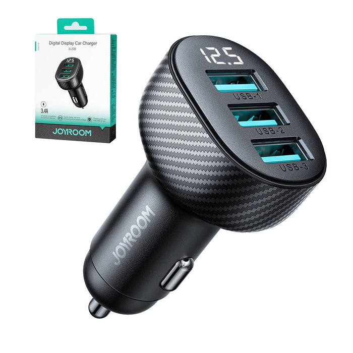 Joyroom JR-CCD03 3.4A Car Charger with Display 3x USB-A - Black