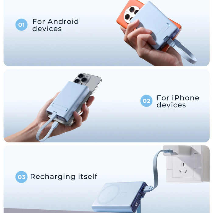 Powerbank Joyroom JR-PBM01 magnetic 10000mAh 20W with stand + Lightning cable - USB-C - blue