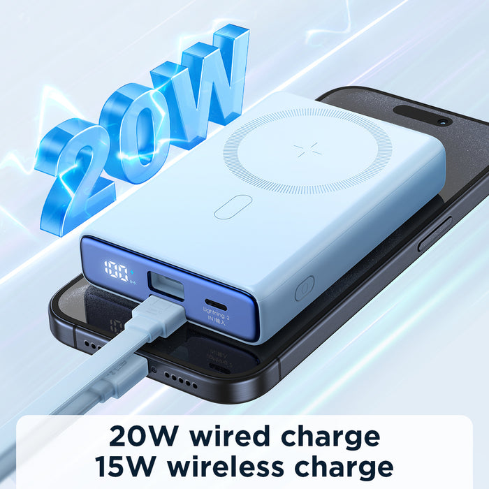 Powerbank Joyroom JR-PBM01 magnetic 10000mAh 20W with stand + Lightning cable - USB-C - blue