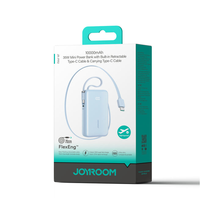 Joyroom JR-PR2L 10000mAh 35W Power Bank with Built-in Retractable USB-C Cable and USB-C Lanyard Cable - Blue