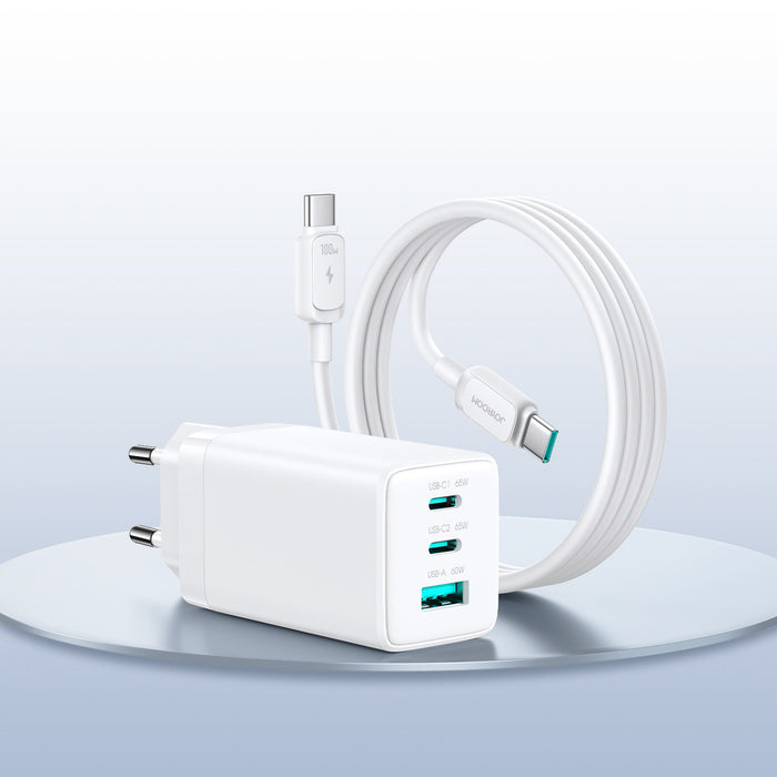 Joyroom JR-TG10 65W GaN 2x USB-C + USB-A wall charger with 100W USB-C - USB-C 1.2m cable - white