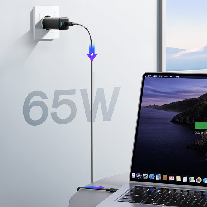 Joyroom JR-TG10 65W GaN 2x USB-C + USB-A wall charger with 100W USB-C - USB-C 1.2m cable - black