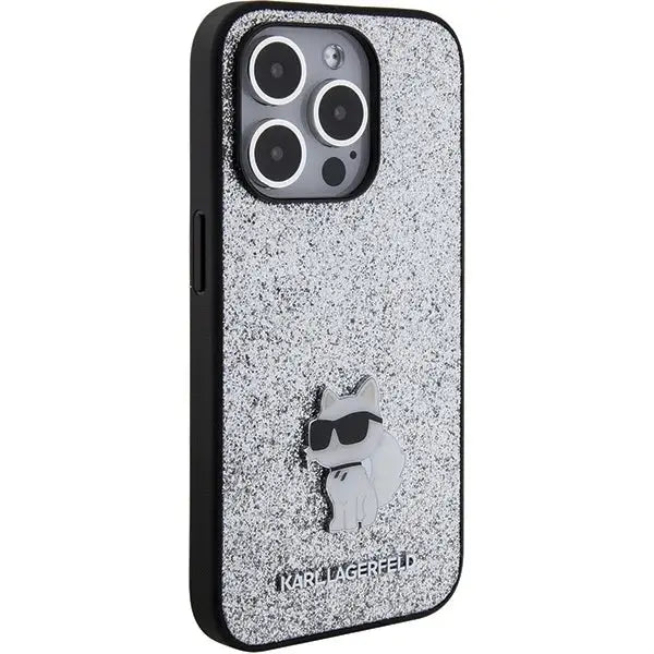 Karl Lagerfeld Fixed Glitter Choupette Logo Metal Pin Case for iPhone 15 Pro - Silver - Cell phone cases
