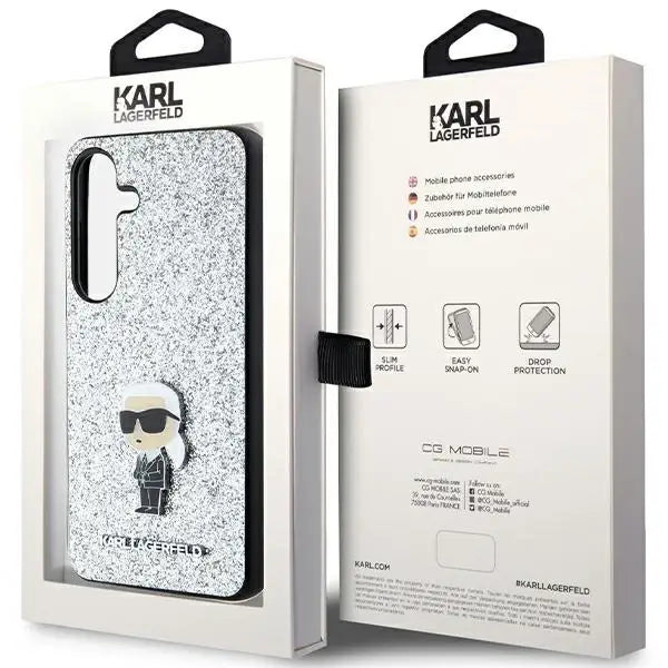 Karl Lagerfeld Fixed Glitter Ikonik Logo Metal Pin Case for Samsung Galaxy S24 - Silver - Cell phone cases