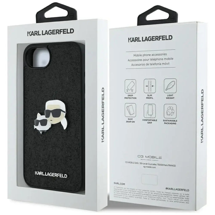 Karl Lagerfeld Fixed Glitter Karl&Choupette Heads Metal Pin iPhone 16e Case - Black - Cell phone cases