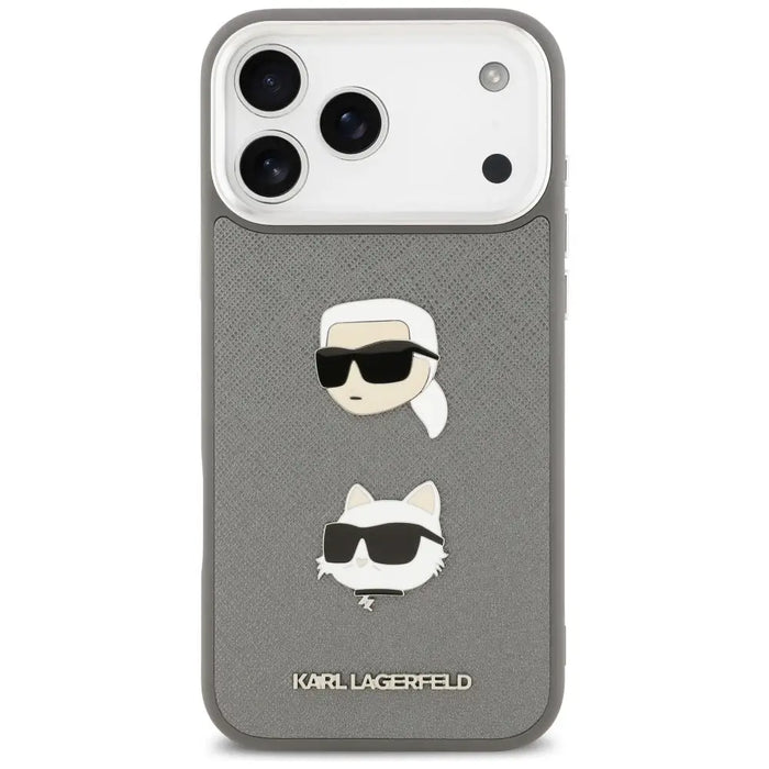 Karl Lagerfeld FW Grained Karl & Choupette Heads Pins & Logo iPhone 17 Pro Max Case - Gray - Cell phone cases