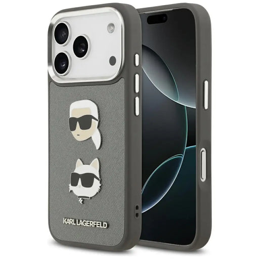 Karl Lagerfeld FW Grained Karl & Choupette Heads Pins & Logo iPhone 17 Pro Case - Gray - Cell phone cases
