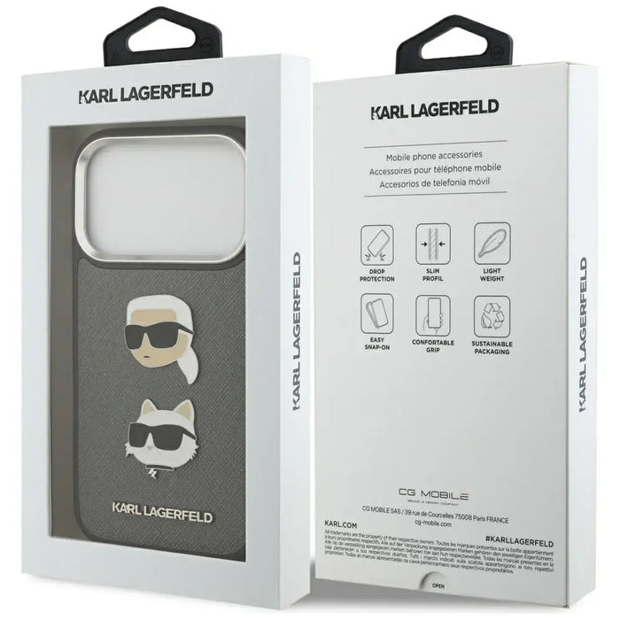 Karl Lagerfeld FW Grained Karl & Choupette Heads Pins & Logo iPhone 17 Pro Case - Gray - Cell phone cases