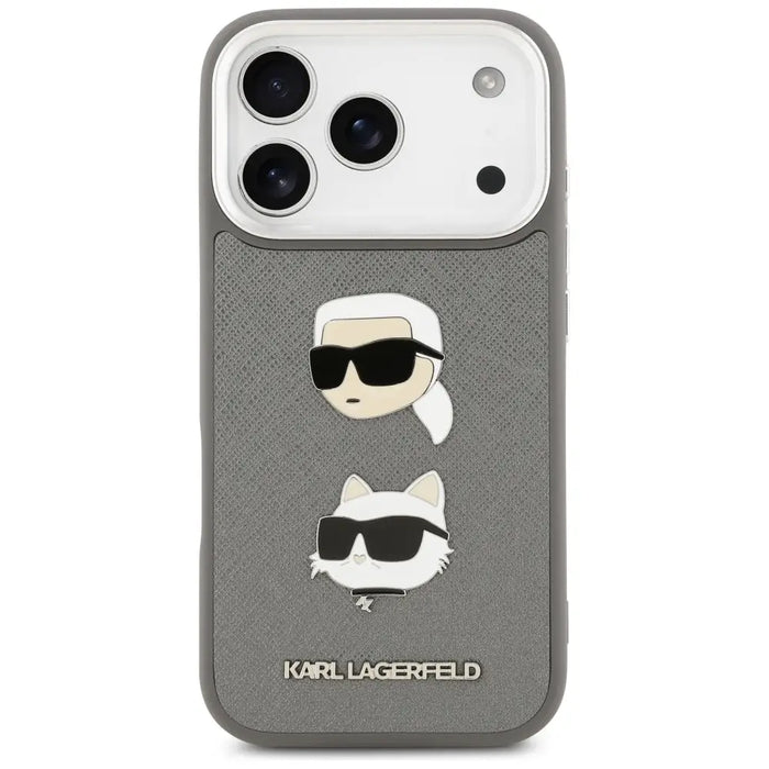 Karl Lagerfeld FW Grained Karl & Choupette Heads Pins & Logo iPhone 17 Pro Case - Gray - Cell phone cases