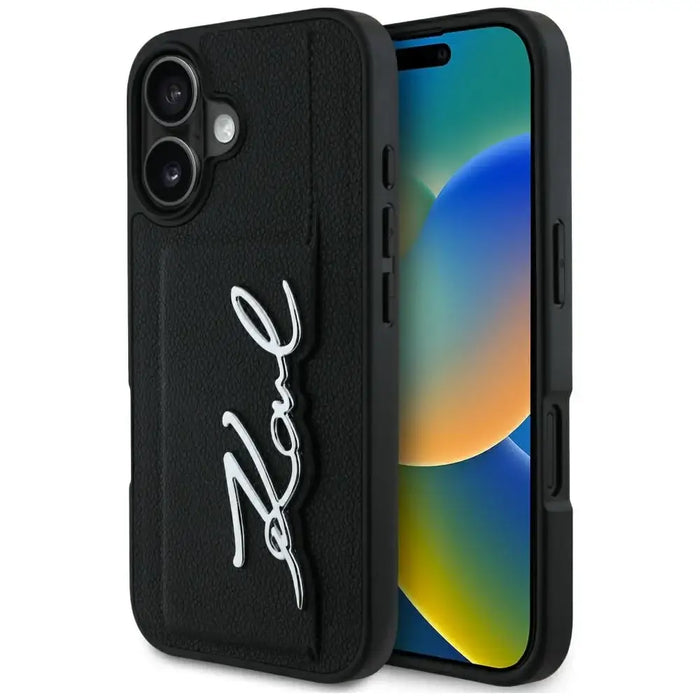 Karl Lagerfeld HC Grained PU Cardslot Metal Signature iPhone 16 Case - Black - Cell phone cases and covers<<<HurtelXML