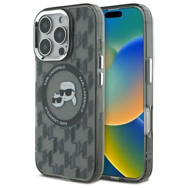 Karl Lagerfeld IML Monogram Karl & Choupette Head MagSafe Case for iPhone 16 Pro Max - Black - Cell phone cases