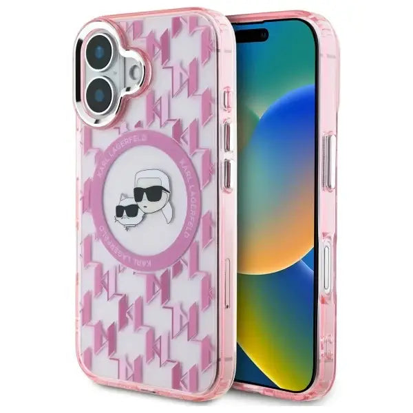 Karl Lagerfeld IML Monogram Karl & Choupette Head MagSafe iPhone 16 Case - Pink - Cell phone cases